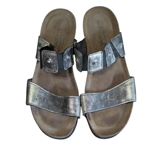 Naot Silver Leather Slide Sandals EU 39 US 8 Comfort Cork Footbed Boho - Picture 2 of 5